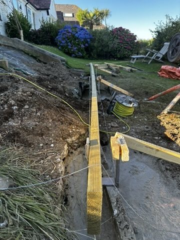 Footing positions and a string line along the bank