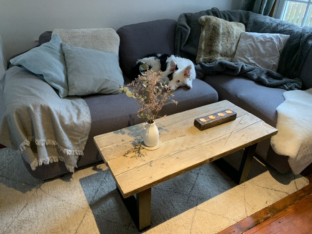 Reclaimed timber coffee table on steel legs