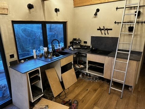 Birch plywood kitchen units being fitted